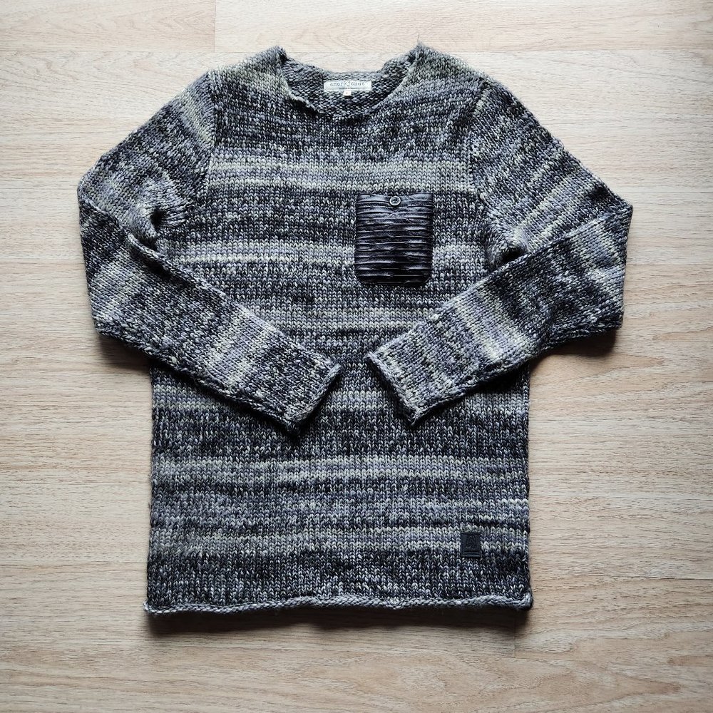Anerkjendt Denmark Wool Blend Crew Neck Sweater Leather Pocket Grey Black